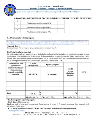 GUVERNUL ROMÂNIEI
                               Ministerul Economiei, Comerţului şi Mediului de Afaceri
            Agenţia pentru Implementarea Proiectelor şi Programelor pentru Întreprinderi Mici şi Mijlocii



         4. PONDEREA INVESTIŢIILOR ÎN CHELTUIELILE AFERENTE PLANULUI DE AFACERI
             1
                           Ponderea investiţiilor peste 80%
             2
                           Ponderea investiţiilor peste 60%
             3
                           Ponderea investiţiilor peste 40%


4.1. Descrierea investiţiei propuse

Vă rugăm să daţi informaţii clare şi exacte privind tipul investitiei, echipamentele, adresa construcţiei, etc.
şi ataşaţi orice contracte de vânzare/cumpărare, oferte de preţuri sau facturi, dacă aveţi:
Ataşează fişiere:
Se accepta doar fisiere imagine (jpg, png) sau documente (word, pdf)

4.2. Costul total al proiectului
Vă rugăm să completaţi următorul tabel, indicând costul total al fiecărui element implicat în proiect, şi sursa
de finanţare a fiecărui element de investiţie. Valoarea fiecărui element de cost are două componente: AFN
maxim 50% din valoarea obiectului finanţat fără TVA, credit minim 50% din valoarea obiectului finanţat fără
TVA/ aport propriu minim 50% din valoarea obiectului finanţat fără TVA.
  Elementul de cost             Costul
                                                       Aportul propriu
     (Denumirea              elementului
 elementului de cost
                                                                                        Credit
   este denumirea
                                                                                        pentru
 tehnică completă a                                                                                         AFN
                                                                                      cheltuială
       acestuia.               fără TVA                   în numerar
                                                                                       eligibilă




                                             %
Total                            100 %                                        %                    %
                                             %
(1)                         (2)=(3)+(4)+(5) (3) > = (2)* 50%               (4)≥ = (2)* 50% (5) ≤ (2) * 50%
 4.3. Surse pentru aportul propriu:
 4.3.1. Aportul în numerar:
Cash: de unde provin banii pentru contribuţia proprie la proiect? Economii personale, împrumuturi, cash
din afacere ? alte surse?
 4.3.2. Surse pentru finanţarea TVA şi a altor cheltuieli neeligibile aferente proiectului :
    (surse proprii, credit)
                   BUCUREŞTI Str. Poteraşi, nr. 11, sector 4,
        Tel:021-335.26.20; 335.26.32, Fax. 021-336.18.43, www.aippimm.ro
 