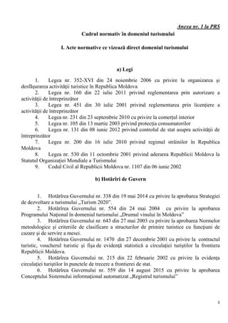 1
Anexa nr. 1 la PRS
Cadrul normativ în domeniul turismului
I. Acte normative ce vizează direct domeniul turismului
a) Legi
1. Legea nr. 352-XVI din 24 noiembrie 2006 cu privire la organizarea şi
desfăşurarea activităţii turistice în Republica Moldova
2. Legea nr. 160 din 22 iulie 2011 privind reglementarea prin autorizare a
activităţii de întreprinzător
3. Legea nr. 451 din 30 iulie 2001 privind reglementarea prin licenţiere a
activităţii de întreprinzător
4. Legea nr. 231 din 23 septembrie 2010 cu privire la comerțul interior
5. Legea nr. 105 din 13 martie 2003 privind protecția consumatorilor
6. Legea nr. 131 din 08 iunie 2012 privind controlul de stat asupra activităţii de
întreprinzător
7. Legea nr. 200 din 16 iulie 2010 privind regimul străinilor în Republica
Moldova
8. Legea nr. 530 din 11 octombrie 2001 privind aderarea Republicii Moldova la
Statutul Organizaţiei Mondiale a Turismului
9. Codul Civil al Republicii Moldova nr. 1107 din 06 iunie 2002
b) Hotărîri de Guvern
1. Hotărîrea Guvernului nr. 338 din 19 mai 2014 cu privire la aprobarea Strategiei
de dezvoltare a turismului „Turism 2020”.
2. Hotărîrea Guvernului nr. 554 din 24 mai 2004 cu privire la aprobarea
Programului Naţional în domeniul turismului „Drumul vinului în Moldova”
3. Hotărîrea Guvernului nr. 643 din 27 mai 2003 cu privire la aprobarea Normelor
metodologice şi criteriile de clasificare a structurilor de primire turistice cu funcţiuni de
cazare şi de servire a mesei.
4. Hotărîrea Guvernului nr. 1470 din 27 decembrie 2001 cu privire la contractul
turistic, voucherul turistic şi fişa de evidenţă statistică a circulaţiei turiştilor la frontiera
Republicii Moldova.
5. Hotărîrea Guvernului nr. 215 din 22 februarie 2002 cu privire la evidenţa
circulaţiei turiştilor în punctele de trecere a frontierei de stat.
6. Hotărîrea Guvernului nr. 559 din 14 august 2015 cu privire la aprobarea
Conceptului Sistemului informaţional automatizat „Registrul turismului”
 