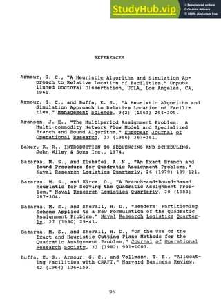 REFERENCES
Armour, G. C., "A Heuristic Algorithm and Simulation Ap-
proach to Relative Location of Facilities," Unpub-
lished Doctoral Dissertation, UCLA, Los Angeles, CA,
1961.
Armour, G. C., and Buffa, E. S., "A Heuristic Algorithm and
Simulation Approach to Relative Location of Facili-
ties," Management Science. 9(2) (1963) 294-309.
Aronson, J. E., "The Multiperiod Assignment Problem: A
Multi-commodity Network Flow Model and Specialized
Branch and Bound Algorithm," European Journal of
Operational Research, 23 (1986) 367-381.
Baker, K. R. , INTRODUCTION TO SEQUENCING AND SCHEDULING,
John Wiley & Sons Inc., 1974.
Bazaraa, M. S., and Elshafei, A. N., "An Exact Branch and
Bound Procedure for Quadratic Assignment Problems,"
Naval Research Logistics Quarterly, 26 (1979) 109-121.
Bazaraa, M. S., and Kirca, O., "A Branch-and-Bound-Based
Heuristic for Solving the Quadratic Assignment Prob-
lem," Naval Research Logistics Quarterly, 30 (1983)
287-304.
Bazaraa, M. S., and Sherali, H. D., "Benders' Partitioning
Scheme Applied to a New Formulation of the Quadratic
Assignment Problem," Naval Research Logistics Quarter-
ly, 27 (1980) 29-41.
Bazaraa, M. S., and Sherali, H. D., "On the Use of the
Exact and Heuristic Cutting Plane Methods for the
Quadratic Assignment Problem," Journal of Operational
Research Society, 33 (1982) 991-1003.
Buffa, E. S., Armour, G. C., and Vollmann, T. E., "Allocat-
ing Facilities with CRAFT," Harvard Business Review,
42 (1964) 136-159.
96
 