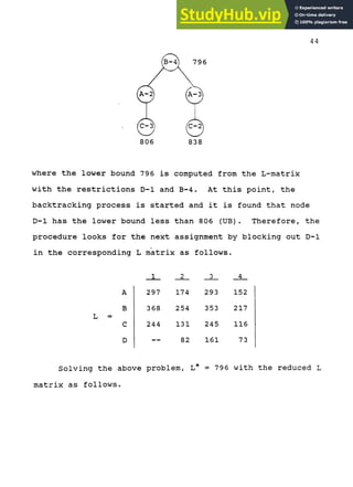 44
806
796
© ©
838
where the lower bound 79 6 is computed from the L-matrix
with the restrictions D-1 and B-4. At this point, the
backtracking process is started and it is found that node
D-1 has the lower bound less than 806 (UB). Therefore, the
procedure looks for the next assignment by blocking out D-1
in the corresponding L matrix as follows.
L =
A
B
C
D
297
368
244
—
174
254
131
82
293
353
245
161
152
217
116
73
Solving the above problem, L = 796 with the reduced L
matrix as follows.
 
