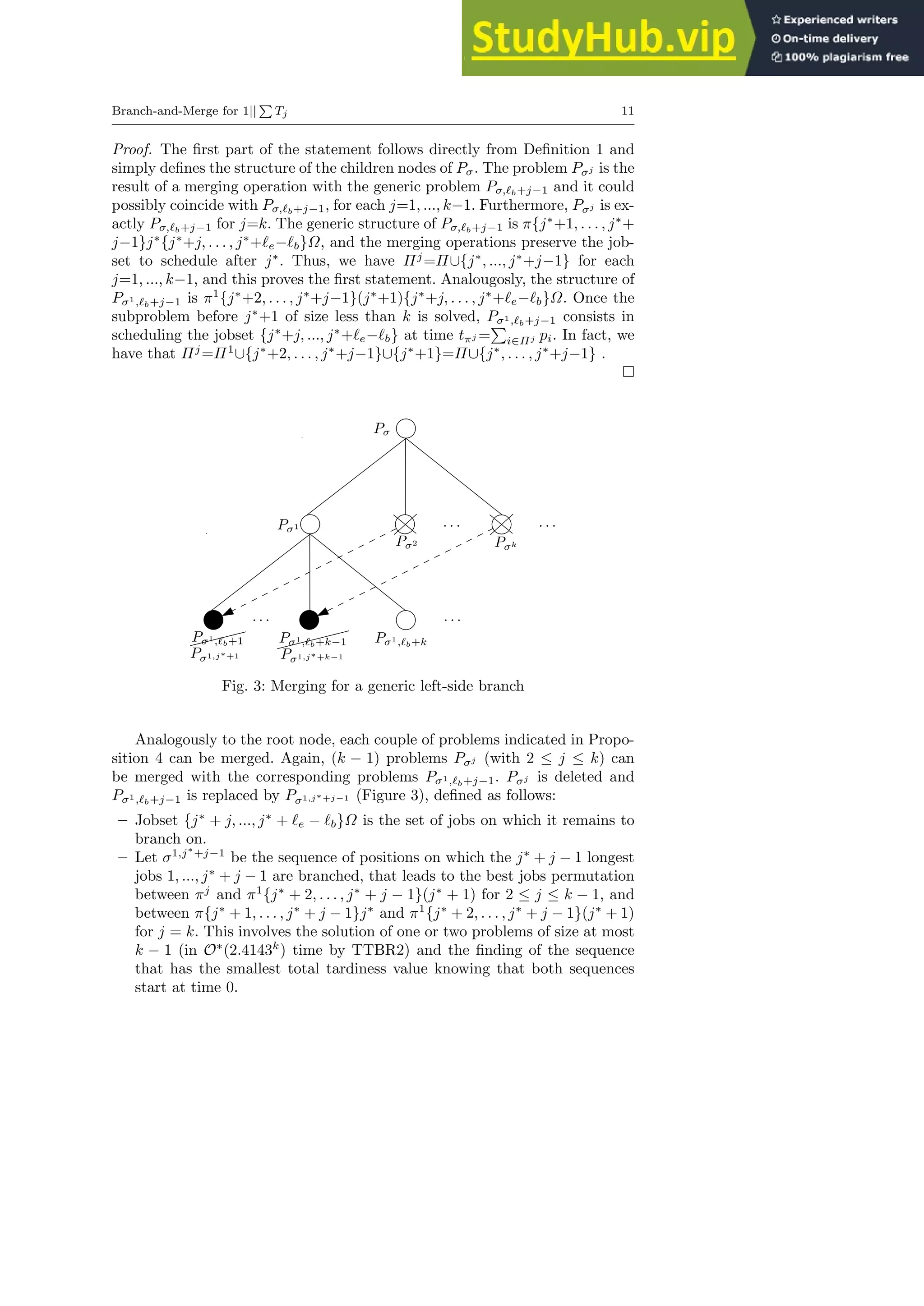 Branch-and-Merge for 1||
P
Tj 11
Proof. The first part of the statement follows directly from Definition 1 and
simply defines the structure of the children nodes of Pσ. The problem Pσj is the
result of a merging operation with the generic problem Pσ,ℓb+j−1 and it could
possibly coincide with Pσ,ℓb+j−1, for each j=1, ..., k−1. Furthermore, Pσj is ex-
actly Pσ,ℓb+j−1 for j=k. The generic structure of Pσ,ℓb+j−1 is π{j∗
+1, . . . , j∗
+
j−1}j∗
{j∗
+j, . . . , j∗
+ℓe−ℓb}Ω, and the merging operations preserve the job-
set to schedule after j∗
. Thus, we have Πj
=Π∪{j∗
, ..., j∗
+j−1} for each
j=1, ..., k−1, and this proves the first statement. Analougosly, the structure of
Pσ1,ℓb+j−1 is π1
{j∗
+2, . . . , j∗
+j−1}(j∗
+1){j∗
+j, . . . , j∗
+ℓe−ℓb}Ω. Once the
subproblem before j∗
+1 of size less than k is solved, Pσ1,ℓb+j−1 consists in
scheduling the jobset {j∗
+j, ..., j∗
+ℓe−ℓb} at time tπj =
P
i∈Πj pi. In fact, we
have that Πj
=Π1
∪{j∗
+2, . . . , j∗
+j−1}∪{j∗
+1}=Π∪{j∗
, . . . , j∗
+j−1} .
Pσ
Pσk
Pσ2
Pσ1 . . .
Pσ1,ℓb+k
✘✘✘
✘
Pσ1,ℓb+1
. . .
. . .
✘✘✘✘
✘
Pσ1,ℓb+k−1
. . .
Pσ1,j∗+1 Pσ1,j∗+k−1
Fig. 3: Merging for a generic left-side branch
Analogously to the root node, each couple of problems indicated in Propo-
sition 4 can be merged. Again, (k − 1) problems Pσj (with 2 ≤ j ≤ k) can
be merged with the corresponding problems Pσ1,ℓb+j−1. Pσj is deleted and
Pσ1,ℓb+j−1 is replaced by Pσ1,j∗+j−1 (Figure 3), defined as follows:
– Jobset {j∗
+ j, ..., j∗
+ ℓe − ℓb}Ω is the set of jobs on which it remains to
branch on.
– Let σ1,j∗
+j−1
be the sequence of positions on which the j∗
+ j − 1 longest
jobs 1, ..., j∗
+ j − 1 are branched, that leads to the best jobs permutation
between πj
and π1
{j∗
+ 2, . . . , j∗
+ j − 1}(j∗
+ 1) for 2 ≤ j ≤ k − 1, and
between π{j∗
+ 1, . . . , j∗
+ j − 1}j∗
and π1
{j∗
+ 2, . . . , j∗
+ j − 1}(j∗
+ 1)
for j = k. This involves the solution of one or two problems of size at most
k − 1 (in O∗
(2.4143k
) time by TTBR2) and the finding of the sequence
that has the smallest total tardiness value knowing that both sequences
start at time 0.
 