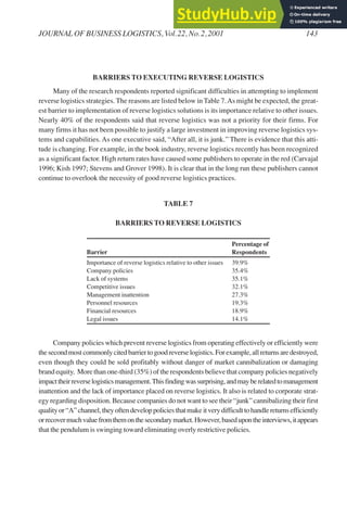 BARRIERS TO EXECUTING REVERSE LOGISTICS
Many of the research respondents reported significant difficulties in attempting to implement
reverse logistics strategies. The reasons are listed below in Table 7.As might be expected, the great-
est barrier to implementation of reverse logistics solutions is its importance relative to other issues.
Nearly 40% of the respondents said that reverse logistics was not a priority for their firms. For
many firms it has not been possible to justify a large investment in improving reverse logistics sys-
tems and capabilities. As one executive said, “After all, it is junk.” There is evidence that this atti-
tude is changing. For example, in the book industry, reverse logistics recently has been recognized
as a significant factor. High return rates have caused some publishers to operate in the red (Carvajal
1996; Kish 1997; Stevens and Grover 1998). It is clear that in the long run these publishers cannot
continue to overlook the necessity of good reverse logistics practices.
TABLE 7
BARRIERS TO REVERSE LOGISTICS
Percentage of
Barrier Respondents
Importance of reverse logistics relative to other issues 39.9%
Company policies 35.4%
Lack of systems 35.1%
Competitive issues 32.1%
Management inattention 27.3%
Personnel resources 19.3%
Financial resources 18.9%
Legal issues 14.1%
Company policies which prevent reverse logistics from operating effectively or efficiently were
thesecondmostcommonlycitedbarriertogoodreverselogistics.Forexample,allreturnsaredestroyed,
even though they could be sold profitably without danger of market cannibalization or damaging
brand equity. More than one-third (35%) of the respondents believe that company policies negatively
impacttheirreverselogisticsmanagement.Thisfindingwassurprising,andmayberelatedtomanagement
inattention and the lack of importance placed on reverse logistics. It also is related to corporate strat-
egy regarding disposition. Because companies do not want to see their “junk” cannibalizing their first
qualityor“A”channel,theyoftendeveloppoliciesthatmakeitverydifficulttohandlereturnsefficiently
orrecovermuchvaluefromthemonthesecondarymarket.However,basedupontheinterviews,itappears
that the pendulum is swinging toward eliminating overly restrictive policies.
JOURNAL OF BUSINESS LOGISTICS, Vol.22, No.2,2001 143
 