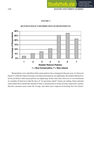 FIGURE 3
RETURNS POLICY DISTRIBUTION OF RESPONDENTS
Respondents were asked how their return policies have changed in the past year. As shown in
Figure 4, while the impression may exist that return policies are tightening, the retailers themselves
do not yet believe that return policies are tightening. At the same time, however, it was mentioned
in a number of interviews that the days of “no questions asked” returns are ending. Some national
retail chains have limited the amount of time a customer has to return an item, many have a policy
that the consumer must retain the receipt, and others have imposed restocking fees for returns.
Percentage
of
Respondents
30%
25%
20%
15%
10%
5%
0%
1 2 3 4 5 6 7
Retailer Returns Policies
1 = Very Conservative, 7 = Very Liberal
136 ROGERS AND TIBBEN-LEMBKE
 