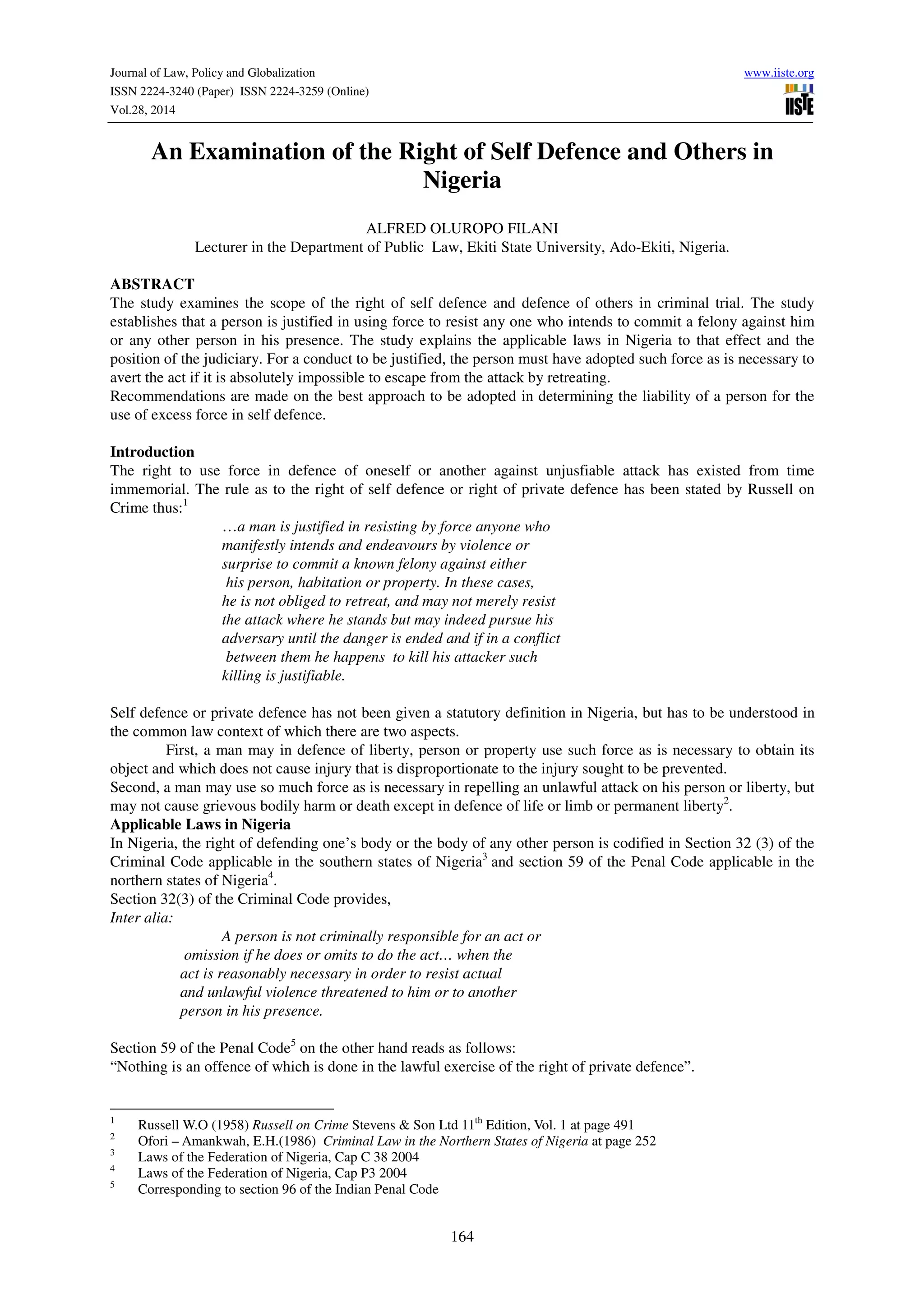 An examination of the right of self defence and others in nigeria | PDF
