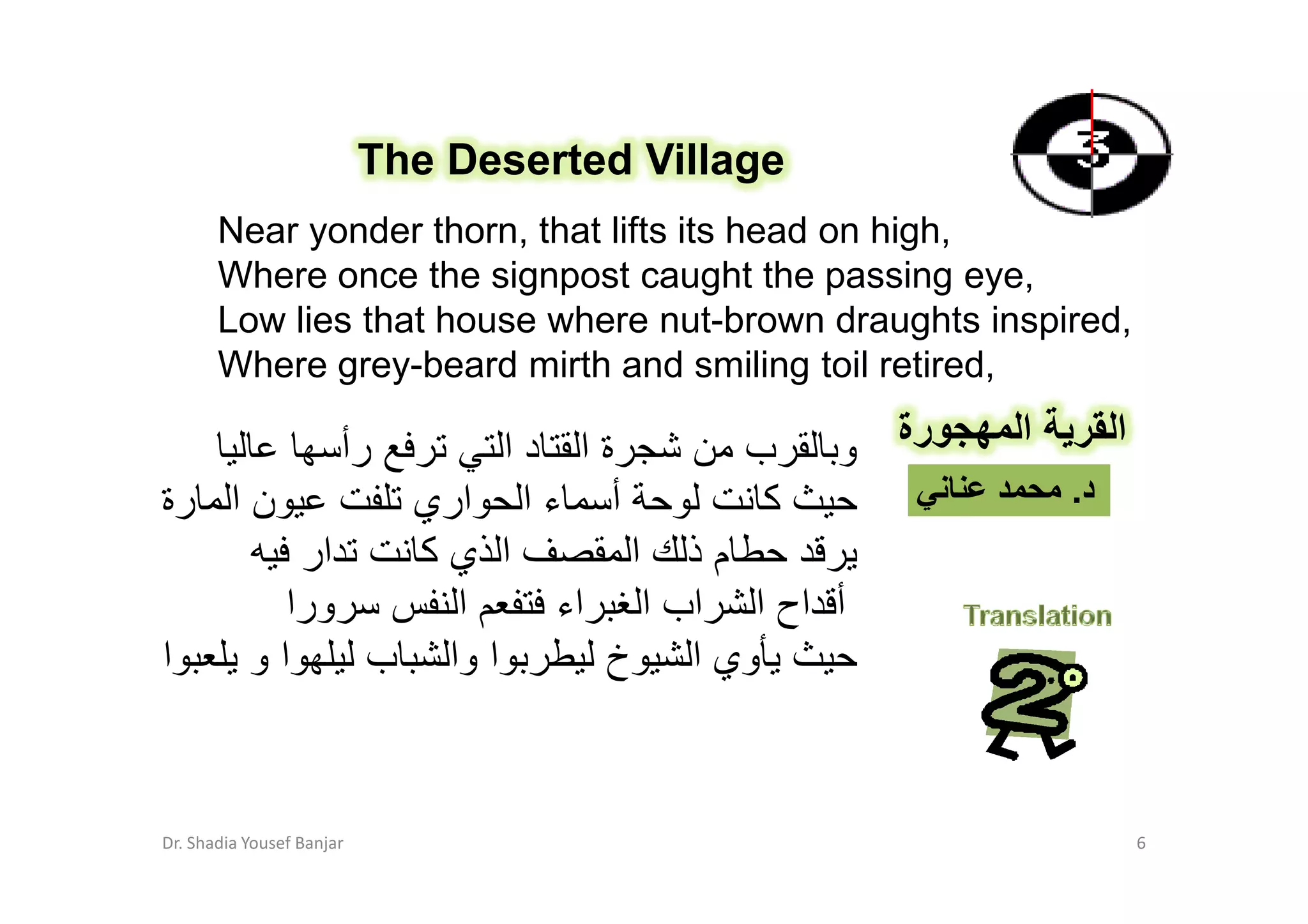 The Deserted Village
       Near yonder thorn, that lifts its head on high,
       Where once the signpost caught the passing eye,
       Low lies that house where nut-brown draughts inspired,
       Where grey-beard mirth and smiling toil retired,

                  ‫ةا دا‬‫رأ‬    ‫رة و ب‬                   ‫ا‬        ‫ا‬
‫ن ا رة‬      ‫أ ء ا اري‬         ‫آ‬                           .‫د‬
        ‫ار‬  ‫ا يآ‬        ‫مذ ا‬
       ‫ورا‬    ‫ا‬     ‫أ اح ا اب ا اء‬
‫ا‬    ‫او‬    ‫ا وا ب‬     ‫وي ا خ‬



Dr. Shadia Yousef Banjar                                           6
 