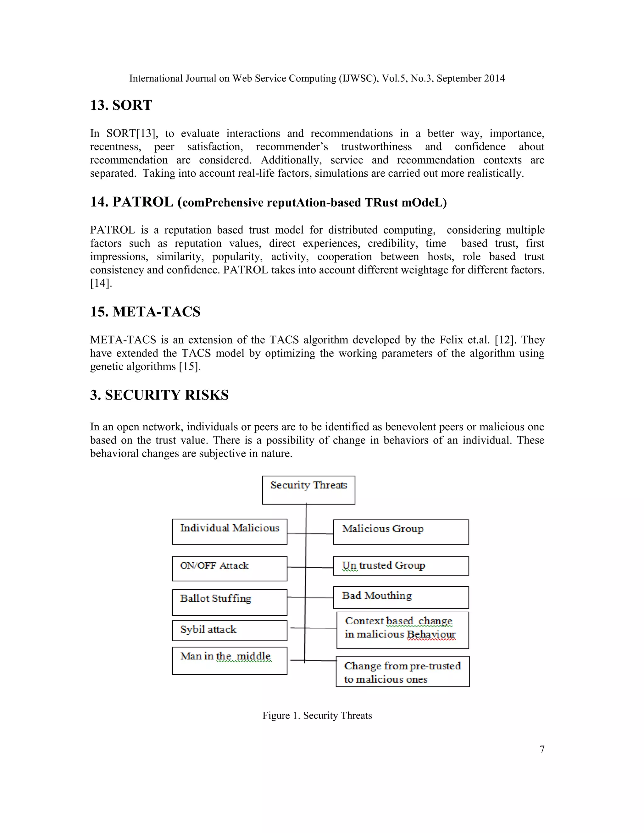 International Journal on Web Service Computing (IJWSC), Vol.5, No.3, September 2014 
7 
13. SORT 
In SORT[13], to evaluate interactions and recommendations in a better way, importance, 
recentness, peer satisfaction, recommender’s trustworthiness and confidence about 
recommendation are considered. Additionally, service and recommendation contexts are 
separated. Taking into account real-life factors, simulations are carried out more realistically. 
14. PATROL (comPrehensive reputAtion-based TRust mOdeL) 
PATROL is a reputation based trust model for distributed computing, considering multiple 
factors such as reputation values, direct experiences, credibility, time based trust, first 
impressions, similarity, popularity, activity, cooperation between hosts, role based trust 
consistency and confidence. PATROL takes into account different weightage for different factors. 
[14]. 
15. META-TACS 
META-TACS is an extension of the TACS algorithm developed by the Felix et.al. [12]. They 
have extended the TACS model by optimizing the working parameters of the algorithm using 
genetic algorithms [15]. 
3. SECURITY RISKS 
In an open network, individuals or peers are to be identified as benevolent peers or malicious one 
based on the trust value. There is a possibility of change in behaviors of an individual. These 
behavioral changes are subjective in nature. 
Figure 1. Security Threats 
 