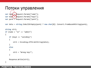 Потоки управления
var name = Request.Params["name"];
var key1 = Request.Params["key1"];
var parm = Request.Params["parm"];
var data = string.IsNullOrEmpty(parm) ? new char[0]: Convert.FromBase64String(parm);
string str1;
if (name + "in" == "admin")
{
if (key1 == "validkey")
{
str1 = Encoding.UTF8.GetString(data);
}
else
{
str1 = "Wrong key!";
}
Response.Write(str1);
}
 