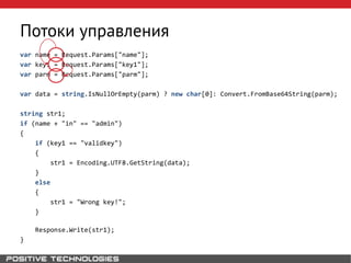 Потоки управления
var name = Request.Params["name"];
var key1 = Request.Params["key1"];
var parm = Request.Params["parm"];
var data = string.IsNullOrEmpty(parm) ? new char[0]: Convert.FromBase64String(parm);
string str1;
if (name + "in" == "admin")
{
if (key1 == "validkey")
{
str1 = Encoding.UTF8.GetString(data);
}
else
{
str1 = "Wrong key!";
}
Response.Write(str1);
}
 