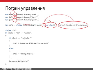 Потоки управления
var name = Request.Params["name"];
var key1 = Request.Params["key1"];
var parm = Request.Params["parm"];
var data = string.IsNullOrEmpty(parm) ? new char[0]: Convert.FromBase64String(parm);
string str1;
if (name + "in" == "admin")
{
if (key1 == "validkey")
{
str1 = Encoding.UTF8.GetString(data);
}
else
{
str1 = "Wrong key!";
}
Response.Write(str1);
}
 