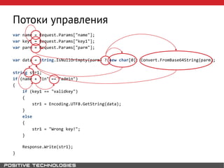 Потоки управления
var name = Request.Params["name"];
var key1 = Request.Params["key1"];
var parm = Request.Params["parm"];
var data = string.IsNullOrEmpty(parm) ? new char[0]: Convert.FromBase64String(parm);
string str1;
if (name + "in" == "admin")
{
if (key1 == "validkey")
{
str1 = Encoding.UTF8.GetString(data);
}
else
{
str1 = "Wrong key!";
}
Response.Write(str1);
}
 