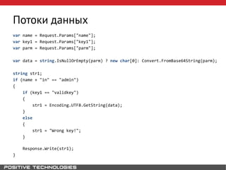 Потоки данных
var name = Request.Params["name"];
var key1 = Request.Params["key1"];
var parm = Request.Params["parm"];
var data = string.IsNullOrEmpty(parm) ? new char[0]: Convert.FromBase64String(parm);
string str1;
if (name + "in" == "admin")
{
if (key1 == "validkey")
{
str1 = Encoding.UTF8.GetString(data);
}
else
{
str1 = "Wrong key!";
}
Response.Write(str1);
}
 