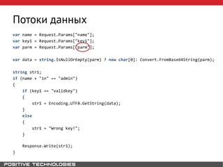 Потоки данных
var name = Request.Params["name"];
var key1 = Request.Params["key1"];
var parm = Request.Params["parm"];
var data = string.IsNullOrEmpty(parm) ? new char[0]: Convert.FromBase64String(parm);
string str1;
if (name + "in" == "admin")
{
if (key1 == "validkey")
{
str1 = Encoding.UTF8.GetString(data);
}
else
{
str1 = "Wrong key!";
}
Response.Write(str1);
}
 