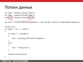 Потоки данных
var name = Request.Params["name"];
var key1 = Request.Params["key1"];
var parm = Request.Params["parm"];
var data = string.IsNullOrEmpty(parm) ? new char[0]: Convert.FromBase64String(parm);
string str1;
if (name + "in" == "admin")
{
if (key1 == "validkey")
{
str1 = Encoding.UTF8.GetString(data);
}
else
{
str1 = "Wrong key!";
}
Response.Write(str1);
}
 