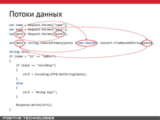 Потоки данных
var name = Request.Params["name"];
var key1 = Request.Params["key1"];
var parm = Request.Params["parm"];
var data = string.IsNullOrEmpty(parm) ? new char[0]: Convert.FromBase64String(parm);
string str1;
if (name + "in" == "admin")
{
if (key1 == "validkey")
{
str1 = Encoding.UTF8.GetString(data);
}
else
{
str1 = "Wrong key!";
}
Response.Write(str1);
}
 