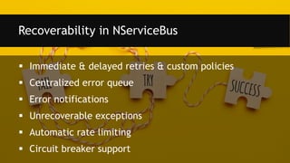 Immediate & delayed retries & custom policies
 Centralized error queue
 Error notifications
 Unrecoverable exceptions
 Automatic rate limiting
 Circuit breaker support
Recoverability in NServiceBus
 