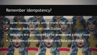 Remember idempotency?
 Same message might arrive more than once
 Message deduplication with Outbox
 Messages are guaranteed to be processed exactly once
 Consistency between message and data operations
 