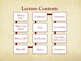 Lecture Contents
What is
Lean?
What is Six
Sigma?
What is LSS?
Why LSS? History
Key Benefits
Tools
Challenges Limitations
Case Studies
Case Study
&Discussion
Conclusion
 