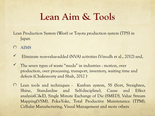 Lean Aim & Tools
Lean Production System (West) or Toyota production system (TPS) in
Japan
AIMS
 Eliminate non-value-added (NVA) activities (Vinodh et al., 2012) and,
 The seven types of waste “muda” in industries : motion, over
production, over processing, transport, inventory, waiting time and
defects (Chakravorty and Shah, 2012 )
Lean tools and techniques - Kanban system, 5S (Sort, Straighten,
Shine, Standardise and Self-discipline), Cause and Effect
analysis(C&E), Single Minute Exchange of Die (SMED), Value Stream
Mapping(VSM), Poka-Yoke, Total Productive Maintenance (TPM),
Cellular Manufacturing, Visual Management and more others
 
