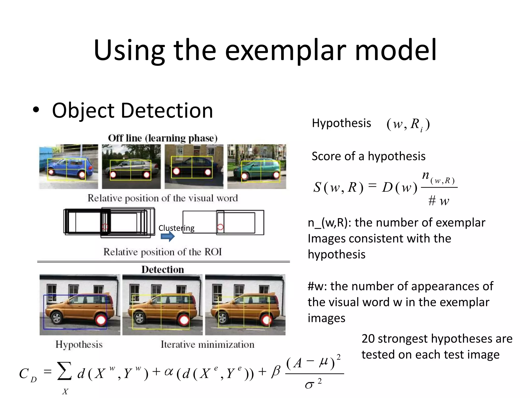 Using the exemplar modelObject Detection HypothesisScore of a hypothesisn_(w,R): the number of exemplar Images consistent with the hypothesis#w: the number of appearances of the visual word w in the exemplar imagesClustering20 strongest hypotheses are tested on each test image