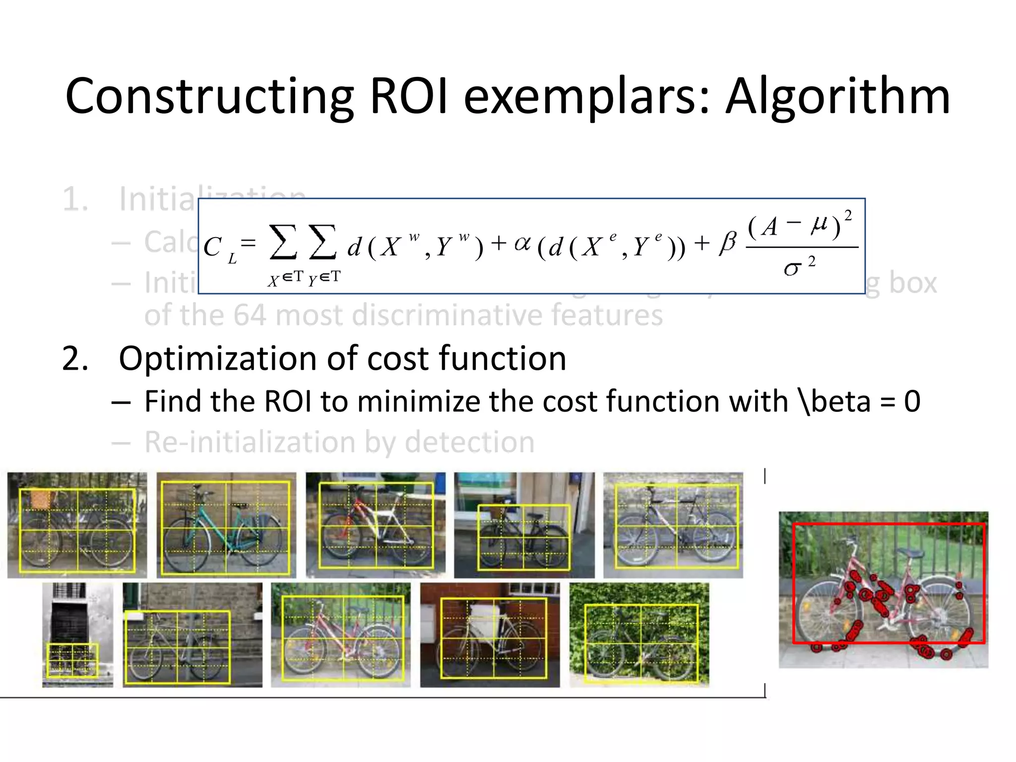 Constructing ROI exemplars: AlgorithmInitializationCalculate discriminability of visual wordsInitialize the ROI in each training image by a bounding box of the 64 most discriminative featuresOptimization of cost functionFind the ROI to minimize the cost function with \beta = 0Re-initialization by detectionRefinementEnlarge the ROI in the training images by 10%Calculate discriminability of visual words using only the features inside the ROIOptimization of cost function (goto 2.)