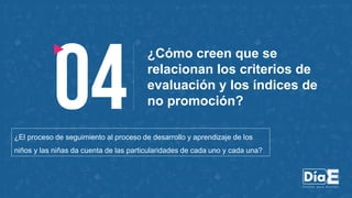 ¿Cómo creen que se
relacionan los criterios de
evaluación y los índices de
no promoción?
¿El proceso de seguimiento al proceso de desarrollo y aprendizaje de los
niños y las niñas da cuenta de las particularidades de cada uno y cada una?
 