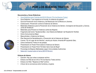 POR LOS BUENOS TRATOS

                        Documentos y Guías Didácticas
                        •  Guía Didáctica para Tutorías del IES El Rincón "Por los Buenos Tratos“
                        •  Guía Didáctica: "Las mujeres en el mundo: la violencia de género“
                        •  Guía de Prevención de la Violencia y de Resolución de Conflictos en Jóvenes.
                        •  Coeducación. Prevención contra la Violencia de Género
                        •  Materiales Didácticos para la Prevención de la Violencia de Género. Consejería de Educación y Ciencia.
                           Junta de Andalucía
                        •  Materiales para Prevenir la Violencia contra las Mujeres
                        •  Fragmento del Comic "Quiéreme Bien. Una Historia de Maltrato“ de Rosalind B. Penfold.
                        •  Cómo Comunicarnos Mejor
                        •  Masculinidad y Violencia de Género
                        •  Plan Nacional de Sensibilización y Prevención de la Violencia de Género
                        •  Cuento: "En el Lugar de los Hechos", escrito por Autora: Amanda Mª Izquierdo Glez.
                        •  Léxico de Buenos Tratos en las parejas
                        •  Presentación en Power Point sobre la Violencia de Género
                        •  Presentación en Power Point "El Dolor tiene Cara de Mujer”
                        •  Porcentaje de Mujeres Maltratadas según Comunidades Autónomas
                        •  Selección musical sobre el tema (IES El Rincón)

                        Enlaces de Interes
                        •   Canción: Hay que volver a empezar archivo
                        •   Enlace a la Web de la O.N.G. Por los Buenos Tratos archivo
                        •   Enlace a la Web: "Mujeres en Red" archivo
                        •   A favor de la convivencia entre hombres y mujeres

                                                                                                                            12
I.E.S. El Rincón “Comprometidos con la ED
 
