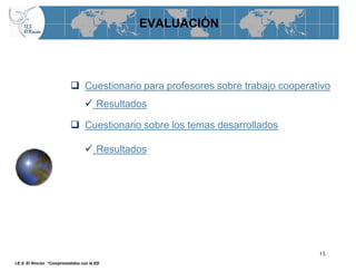 EVALUACIÓN




                            Cuestionario para profesores sobre trabajo cooperativo
                                   Resultados

                            Cuestionario sobre los temas desarrollados

                                   Resultados




                                                                                15
I.E.S. El Rincón “Comprometidos con la ED
 