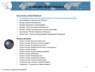 CONSUMO RESPONSABLE


                           Documentos y Guías Didácticas
                           • Guía Didáctica para Tutorías del IES El Rincón: "Por un Consumo Responsable”
                           • Guía Didáctica: "Comprar sin Tóxicos”
                           • Dossier sobre el Consumismo
                           • Dossier: Educación y Sostenibilidad
                           • Dossier: "¿Por qué reducir el Consumo?”
                           • Dossier: "Actúa. Consejos para una Vida Sostenible”
                           • Documento: "El Hilo Verde de los Niños/as”
                           • Power Point: "Consumo Responsable" presentación Powerpoint

                           Enlaces de Interés
                           •     Enlace a la web "Consume hasta morir“
                           •     Enlace a la web "Portal de economía solidaria”
                           •     Enlace a la web: "Ecologistas en Acción”
                           •     Enlace a la web "Wikilearning-Consumo y Consumismo”
                           •     Enlace a la web "Ecodes”
                           •     Enlace a la web "Consuma Responsabilidad”
                           •     Enlace a la web "Globalízate”
                           •     Enlace a la web "Infoecología.com”
                           •     Enlace a la web "Ozonalia" de UNICEF
                           •     Enlace a la web "Consumo Responsable”
                           •     Cuestionario para calcular tu Huella Ecológica
                           •     Cuestionario: "Consumismo y Medio Ambiente"
                                                                                                            8
I.E.S. El Rincón “Educación para el desarrollo”
 