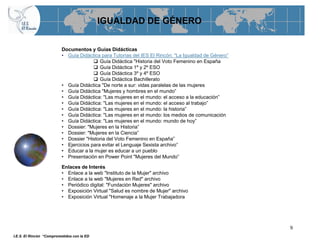 IGUALDAD DE GÉNERO


                          Documentos y Guías Didácticas
                          • Guía Didáctica para Tutorías del IES El Rincón: "La Igualdad de Género”
                                         Guía Didáctica "Historia del Voto Femenino en España
                                         Guía Didáctica 1º y 2º ESO
                                         Guía Didáctica 3º y 4º ESO
                                         Guía Didáctica Bachillerato
                          • Guía Didáctica "De norte a sur: vidas paralelas de las mujeres
                          • Guía Didáctica "Mujeres y hombres en el mundo”
                          • Guía Didáctica: "Las mujeres en el mundo: el acceso a la educación”
                          • Guía Didáctica: "Las mujeres en el mundo: el acceso al trabajo”
                          • Guía Didáctica: "Las mujeres en el mundo: la historia”
                          • Guía Didáctica: "Las mujeres en el mundo: los medios de comunicación
                          • Guía Didáctica: "Las mujeres en el mundo: mundo de hoy”
                          • Dossier: "Mujeres en la Historia”
                          • Dossier: "Mujeres en la Ciencia”
                          • Dossier "Historia del Voto Femenino en España”
                          • Ejercicios para evitar el Lenguaje Sexista archivo”
                          • Educar a la mujer es educar a un pueblo
                          • Presentación en Power Point "Mujeres del Mundo”

                          Enlaces de Interés
                          • Enlace a la web "Instituto de la Mujer" archivo
                          • Enlace a la web "Mujeres en Red" archivo
                          • Periódico digital: "Fundación Mujeres" archivo
                          • Exposición Virtual "Salud es nombre de Mujer" archivo
                          • Exposición Virtual "Homenaje a la Mujer Trabajadora




                                                                                                      9
I.E.S. El Rincón “Comprometidos con la ED
 