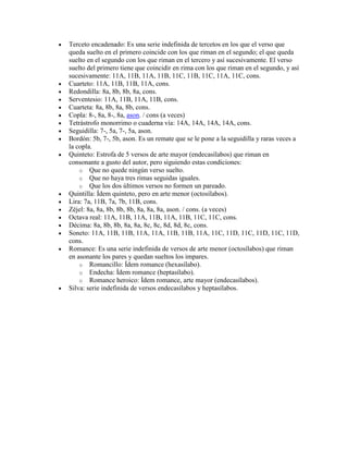 Terceto encadenado: Es una serie indefinida de tercetos en los que el verso que
queda suelto en el primero coincide con los que riman en el segundo; el que queda
suelto en el segundo con los que riman en el tercero y así sucesivamente. El verso
suelto del primero tiene que coincidir en rima con los que riman en el segundo, y así
sucesivamente: 11A, 11B, 11A, 11B, 11C, 11B, 11C, 11A, 11C, cons.
Cuarteto: 11A, 11B, 11B, 11A, cons.
Redondilla: 8a, 8b, 8b, 8a, cons.
Serventesio: 11A, 11B, 11A, 11B, cons.
Cuarteta: 8a, 8b, 8a, 8b, cons.
Copla: 8-, 8a, 8-, 8a, ason. / cons (a veces)
Tetrástrofo monorrimo o cuaderna vía: 14A, 14A, 14A, 14A, cons.
Seguidilla: 7-, 5a, 7-, 5a, ason.
Bordón: 5b, 7-, 5b, ason. Es un remate que se le pone a la seguidilla y raras veces a
la copla.
Quinteto: Estrofa de 5 versos de arte mayor (endecasílabos) que riman en
consonante a gusto del autor, pero siguiendo estas condiciones:
o Que no quede ningún verso suelto.
o Que no haya tres rimas seguidas iguales.
o Que los dos últimos versos no formen un pareado.
Quintilla: Ídem quinteto, pero en arte menor (octosílabos).
Lira: 7a, 11B, 7a, 7b, 11B, cons.
Zéjel: 8a, 8a, 8b, 8b, 8b, 8a, 8a, 8a, ason. / cons. (a veces)
Octava real: 11A, 11B, 11A, 11B, 11A, 11B, 11C, 11C, cons.
Décima: 8a, 8b, 8b, 8a, 8a, 8c, 8c, 8d, 8d, 8c, cons.
Soneto: 11A, 11B, 11B, 11A, 11A, 11B, 11B, 11A, 11C, 11D, 11C, 11D, 11C, 11D,
cons.
Romance: Es una serie indefinida de versos de arte menor (octosílabos) que riman
en asonante los pares y quedan sueltos los impares.
o Romancillo: Ídem romance (hexasílabo).
o Endecha: Ídem romance (heptasílabo).
o Romance heroico: Ídem romance, arte mayor (endecasílabos).
Silva: serie indefinida de versos endecasílabos y heptasílabos.
 