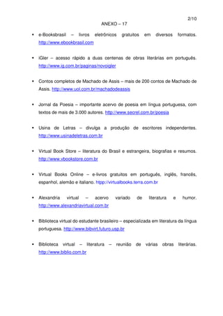 2/10
ANEXO – 17
e-Booksbrasil – livros eletrônicos gratuitos em diversos formatos.
http://www.ebookbrasil.com
iGler – acesso rápido a duas centenas de obras literárias em português.
http://www.ig.com.br/paginas/novoigler
Contos completos de Machado de Assis – mais de 200 contos de Machado de
Assis. http://www.uol.com.br/machadodeassis
Jornal da Poesia – importante acervo de poesia em língua portuguesa, com
textos de mais de 3.000 autores. http://www.secrel.com.br/poesia
Usina de Letras – divulga a produção de escritores independentes.
http://www.usinadeletras.com.br
Virtual Book Store – literatura do Brasil e estrangeira, biografias e resumos.
http://www.vbookstore.com.br
Virtual Books Online – e-livros gratuitos em português, inglês, francês,
espanhol, alemão e italiano. htpp://virtualbooks.terra.com.br
Alexandria virtual – acervo variado de literatura e humor.
http://www.alexandriavirtual.com.br
Biblioteca virtual do estudante brasileiro – especializada em literatura da língua
portuguesa. http://www.bibvirt.futuro.usp.br
Biblioteca virtual – literatura – reunião de várias obras literárias.
http://www.biblio.com.br
 