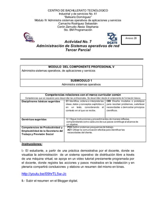 CENTRO DE BACHILLERATO TECNOLOGICO
Industrial y de servicios No. 41
“Belisario Domínguez”
Módulo IV Administra sistemas operativos de aplicaciones y servicios
Camacho Rodríguez Sebastián
Cerón Zamudio Alexia Stephania
5to. BM Programación
Actividad No. 7
Administración de Sistemas operativos de red
Tercer Parcial
Anexo 28
Competencias relaciones con el marco curricular común
Competencias que se requieren para desarrollar las profesionales. Se desarrollan desde el componente de formación básica.
Disciplinares básicas sugeridas C1 Identifica, ordena e interpreta las
ideas,datos y conceptos explícitos e
en un texto, considerando el
contexto en el que se recibe.
CE9 Diseña modelos o prototipos
para resolver problemas, satisfacer
necesidades o demostrar principios
científicos.
Genéricas sugeridas 5.1 Sigue instrucciones y procedimientos de manera reflexiva,
comprendiendo como cada uno de sus pasos contribuye al alcance de
un objetivo.
Competencias de Productividad y
Empleabilidad de la Secretaria del
Trabajo y Previsión Social
PO3 Definir sistemas yesquemas de trabajo.
AC1 Utilizar la comunicación efectiva para identificar las
necesidades del cliente.
Instrucciones:
I.- El estudiante, a partir de una práctica demostrativa por el docente, donde se
visualiza la administración de un sistema operativo de distribución libre a través
de una máquina virtual, se apoya en un video tutorial previamente programada por
el docente, donde registra las acciones y pasos mostrados en la instalación y en
plenaria compartirá conclusiones y elabora un resumen del mismo en binas.
http://youtu.be/09hrTL5w-Jc
II.- Subir el resumen en el Blogger digital.
MÓDULO DEL COMPONENTE PROFESIONAL V
Administra sistemas operativos, de aplicaciones y servicios
SUBMÓDULO 1
Administra sistemas operativos
 