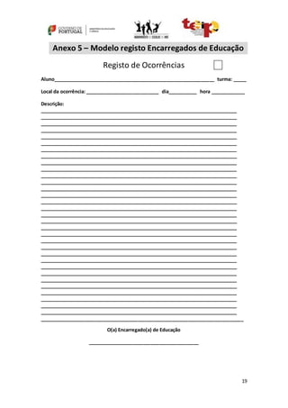19
Anexo 5 – Modelo registo Encarregados de Educação
Registo de Ocorrências
Aluno_____________________________________________________________ turma: _____
Local da ocorrência: ____________________________ dia___________ hora _____________
Descrição:
_____________________________________________________________________________
_____________________________________________________________________________
_____________________________________________________________________________
_____________________________________________________________________________
_____________________________________________________________________________
_____________________________________________________________________________
_____________________________________________________________________________
_____________________________________________________________________________
_____________________________________________________________________________
_____________________________________________________________________________
_____________________________________________________________________________
_____________________________________________________________________________
_____________________________________________________________________________
_____________________________________________________________________________
_____________________________________________________________________________
_____________________________________________________________________________
_____________________________________________________________________________
_____________________________________________________________________________
_____________________________________________________________________________
_____________________________________________________________________________
_____________________________________________________________________________
_____________________________________________________________________________
_____________________________________________________________________________
_____________________________________________________________________________
_____________________________________________________________________________
_____________________________________________________________________________
_____________________________________________________________________________
_____________________________________________________________________________
_____________________________________________________________________________
_____________________________________________________________________________
_____________________________________________________________________________
_____________________________________________________________________________
_____________________________________________________________________________
O(a) Encarregado(a) de Educação
__________________________________________
 