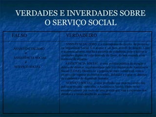VERDADES E INVERDADES SOBRE
O SERVIÇO SOCIAL
FALSO VERDADEIRO
ASSISTENCIALISMO
≠
ASSISTÊNCIA SOCIAL
≠
SERVIÇO SOCIAL
ASSISTENCIALISMO: é o contraponto do direito, da proteção
ou Seguridade Social. É o acesso a um bem através da doação. Com
o assistencialismo, não há a garantia de cidadania, pois o acesso a
condições dignas de vida depende do favor, da boa vontade e/ou
interesse de alguém.
ASSISTÊNCIA SOCIAL: é uma política pública de atenção e
defesa de direitos, regulamentada pela Lei Orgânica da Assistência
Social (LOAS). Destina-se à população mais vulnerável, com o
objetivo de superar exclusões sociais, defender e vigiar os direitos
de cidadania e de dignidade humana.
SERVIÇO SOCIAL: é uma profissão que atua no campo das
políticas sociais, entre elas, a Assistência Social. Opõe-se ao
assistencialismo por meio de uma prática que visa à expansão dos
direitos e a emancipação da sociedade.
 