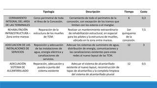 Tipología Descripción Tiempo Costo
CERRAMIENTO
INTEGRAL DEL AREA
DE LAS TERMINALES
Cerco perimetral de toda
el Área de la Concesión.
Cerramiento de todo el perímetro de la
concesión, con excepción de los tramos que
limitan con los esteros o el manglar.
6 0,3
REHABILITACIÓN
INFRAESTRUCTURA –
Zona entre mareas
Reparación de la
estructura de los muelles
de TCM.
Realizar un mantenimiento extraordinario
de rehabilitación estructural, en especial
para los pilotes y la estructura de muelles,
ubicada en la zona entre mareas.
1er
quinquenio
de la
concesión.
7,5
ADECUACION DE LAS
INSTALACIONES DE
SERVICIOS
Reposición y adecuación
de las instalaciones de
agua, energía eléctrica y
canalizaciones de
servicios.
Adecuar los sistemas de suministro de agua,
distribución de energía, comunicaciones y
las canalizaciones existentes para estas
redes al nuevo layout de las TCM.
12 3
ADECUACIÓN
SISTEMA DE
ALCANTARILLADO
Reparación, adecuación y
puesta a punto del
sistema existente
Adecuar el sistema de alcantarillado
existente al nuevo layout, reconstrucción de
tapas de alcantarillas y la completa limpieza
del sistema de alcantarillado pluvial
12 0,5
 