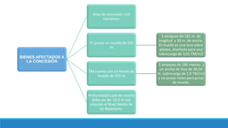 BIENES AFECTADOS A
LA CONCESIÓN
Área de concesión 115
hectáreas
TC posee un muelle de 555
m
3 atraques de 185 m. de
longitud y 30 m. de ancho.
El muelle es una losa sobre
pilotes, diseñada para una
sobrecarga de 3,91 TM/m2
TM cuenta con un frente de
muelle de 925 m
5 atraques de 185 metros y
un ancho de losa de 36,50
m. sobrecarga de 2,9 TM/m2
y no posee rieles para grúas
de muelle.
Profundidad a pie de muelle
debe ser de 10.5 m con
relación al Nivel Medio de
las Bajamares.
 