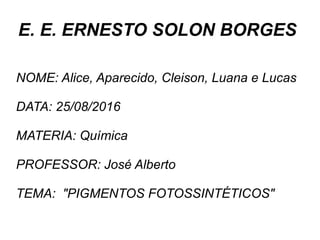 E. E. ERNESTO SOLON BORGES
NOME: Alice, Aparecido, Cleison, Luana e Lucas
DATA: 25/08/2016
MATERIA: Química
PROFESSOR: José Alberto
TEMA: "PIGMENTOS FOTOSSINTÉTICOS"
 