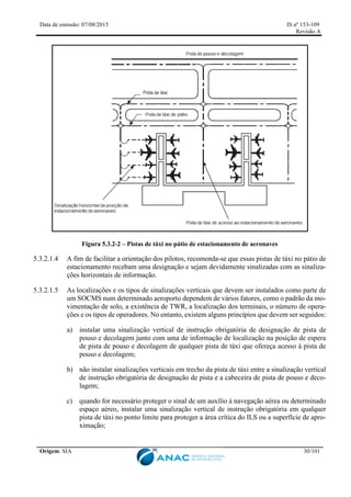 Data de emissão: 07/08/2015 IS nº 153-109
Revisão A
Origem: SIA 30/101
Figura 5.3.2-2 – Pistas de táxi no pátio de estacionamento de aeronaves
5.3.2.1.4 A fim de facilitar a orientação dos pilotos, recomenda-se que essas pistas de táxi no pátio de
estacionamento recebam uma designação e sejam devidamente sinalizadas com as sinaliza-
ções horizontais de informação.
5.3.2.1.5 As localizações e os tipos de sinalizações verticais que devem ser instalados como parte de
um SOCMS num determinado aeroporto dependem de vários fatores, como o padrão da mo-
vimentação de solo, a existência de TWR, a localização dos terminais, o número de opera-
ções e os tipos de operadores. No entanto, existem alguns princípios que devem ser seguidos:
a) instalar uma sinalização vertical de instrução obrigatória de designação de pista de
pouso e decolagem junto com uma de informação de localização na posição de espera
de pista de pouso e decolagem de qualquer pista de táxi que ofereça acesso à pista de
pouso e decolagem;
b) não instalar sinalizações verticais em trecho da pista de táxi entre a sinalização vertical
de instrução obrigatória de designação de pista e a cabeceira de pista de pouso e deco-
lagem;
c) quando for necessário proteger o sinal de um auxílio à navegação aérea ou determinado
espaço aéreo, instalar uma sinalização vertical de instrução obrigatória em qualquer
pista de táxi no ponto limite para proteger a área crítica do ILS ou a superfície de apro-
ximação;
 