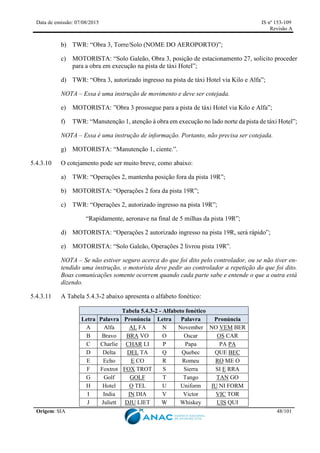 Data de emissão: 07/08/2015 IS nº 153-109
Revisão A
Origem: SIA 48/101
b) TWR: “Obra 3, Torre/Solo (NOME DO AEROPORTO)”;
c) MOTORISTA: “Solo Galeão, Obra 3, posição de estacionamento 27, solicito proceder
para a obra em execução na pista de táxi Hotel”;
d) TWR: “Obra 3, autorizado ingresso na pista de táxi Hotel via Kilo e Alfa”;
NOTA – Essa é uma instrução de movimento e deve ser cotejada.
e) MOTORISTA: ”Obra 3 prossegue para a pista de táxi Hotel via Kilo e Alfa”;
f) TWR: “Manutenção 1, atenção à obra em execução no lado norte da pista de táxi Hotel”;
NOTA – Essa é uma instrução de informação. Portanto, não precisa ser cotejada.
g) MOTORISTA: “Manutenção 1, ciente.”.
5.4.3.10 O cotejamento pode ser muito breve, como abaixo:
a) TWR: “Operações 2, mantenha posição fora da pista 19R”;
b) MOTORISTA: “Operações 2 fora da pista 19R”;
c) TWR: “Operações 2, autorizado ingresso na pista 19R”;
“Rapidamente, aeronave na final de 5 milhas da pista 19R”;
d) MOTORISTA: “Operações 2 autorizado ingresso na pista 19R, será rápido”;
e) MOTORISTA: “Solo Galeão, Operações 2 livrou pista 19R”.
NOTA – Se não estiver seguro acerca do que foi dito pelo controlador, ou se não tiver en-
tendido uma instrução, o motorista deve pedir ao controlador a repetição do que foi dito.
Boas comunicações somente ocorrem quando cada parte sabe e entende o que a outra está
dizendo.
5.4.3.11 A Tabela 5.4.3-2 abaixo apresenta o alfabeto fonético:
Tabela 5.4.3-2 - Alfabeto fonético
Letra Palavra Pronúncia Letra Palavra Pronúncia
A Alfa AL FA N November NO VEM BER
B Bravo BRA VO O Oscar OS CAR
C Charlie CHAR LI P Papa PA PA
D Delta DEL TA Q Quebec QUE BEC
E Echo E CO R Romeu RO ME O
F Foxtrot FOX TROT S Sierra SI E RRA
G Golf GOLF T Tango TAN GO
H Hotel O TEL U Uniform IU NI FORM
I India IN DIA V Victor VIC TOR
J Juliett DJU LIET W Whiskey UIS QUI
 