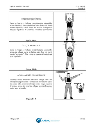 Data de emissão: 07/08/2015 IS nº 153-109
Revisão A
Origem: SIA 67/101
CALÇOS COLOCADOS
Com os braços e balizas completamente estendidos
acima da cabeça, mova as balizas para dentro em movi-
mento “apontado” até o toque das balizas. Assegure-se
de que a tripulação de voo tenha acusado o recebimento.
Figura B1-8a
CALÇOS RETIRADOS
Com os braços e balizas completamente estendidos
acima da cabeça, mova as balizas para fora em movi-
mento “apontado”. Não retire os calços até autorizado
pela tripulação.
Figura B1-8b
ACIONAMENTO DOS MOTORES
Levante o braço direito até o nível da cabeça, com a ba-
liza apontada para cima, e comece um movimento circu-
lar com a mão, ao mesmo tempo com o braço esquerdo
levantado acima do nível da cabeça, apontando para o
motor a ser acionado.
Figura B1-9
 