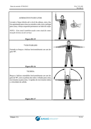 Data de emissão: 07/08/2015 IS nº 153-109
Revisão A
Origem: SIA 70/101
AFIRMATIVO/TUDO LIVRE
Levante o braço direito até o nível da cabeça, com a ba-
liza apontando para cima ou estenda a mão com o polegar
para cima, o braço esquerdo permanece ao lado do corpo.
NOTA – Este sinal é também usado como sinal de comu-
nicação técnica ou de serviço.
Figura B1-15
*VOO PAIRADO
Estenda os braços e balizas horizontalmente em um ân-
gulo 90º.
Figura B1-16
*SUBIDA
Braços e balizas estendidos horizontalmente em um ân-
gulo de 90º, com as palmas das mãos voltadas para cima,
movimente-as para cima. A rapidez do movimento indica
a velocidade da subida.
Figura B1-17
 