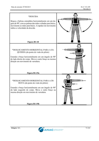 Data de emissão: 07/08/2015 IS nº 153-109
Revisão A
Origem: SIA 71/101
*DESCIDA
Braços e balizas estendidos horizontalmente em um ân-
gulo de 90º, com as palmas das mãos voltadas para baixo,
movimente as mãos para baixo. A rapidez do movimento
indica a velocidade da descida.
Figura B1-18
*DESLOCAMENTO HORIZONTAL PARA A ES-
QUERDA (do ponto de visão do piloto)
Estenda o braço horizontalmente em um ângulo de 90º
do lado direito do corpo. Mova o outro braço na mesma
direção em movimento de varredura.
Figura B1-19a
*DESLOCAMENTO HORIZONTAL PARA A DI-
REITA (do ponto de visão do piloto)
Estenda o braço horizontalmente em um ângulo de 90º
do lado esquerdo do corpo. Mova o outro braço na
mesma direção em movimento de varredura.
Figura B1-19b
 