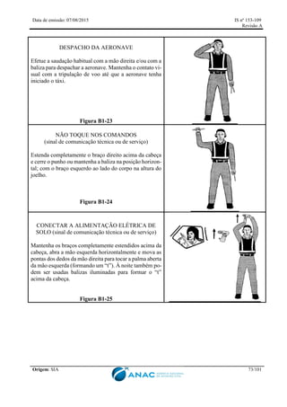Data de emissão: 07/08/2015 IS nº 153-109
Revisão A
Origem: SIA 73/101
DESPACHO DA AERONAVE
Efetue a saudação habitual com a mão direita e/ou com a
baliza para despachar a aeronave. Mantenha o contato vi-
sual com a tripulação de voo até que a aeronave tenha
iniciado o táxi.
Figura B1-23
NÃO TOQUE NOS COMANDOS
(sinal de comunicação técnica ou de serviço)
Estenda completamente o braço direito acima da cabeça
e cerre o punho ou mantenha a baliza na posição horizon-
tal; com o braço esquerdo ao lado do corpo na altura do
joelho.
Figura B1-24
CONECTAR A ALIMENTAÇÃO ELÉTRICA DE
SOLO (sinal de comunicação técnica ou de serviço)
Mantenha os braços completamente estendidos acima da
cabeça, abra a mão esquerda horizontalmente e mova as
pontas dos dedos da mão direita para tocar a palma aberta
da mão esquerda (formando um “t”). À noite também po-
dem ser usadas balizas iluminadas para formar o “t”
acima da cabeça.
Figura B1-25
 