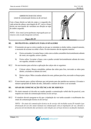 Data de emissão: 07/08/2015 IS nº 153-109
Revisão A
Origem: SIA 75/101
ABRIR/FECHAR ESCADAS
(sinal de comunicação técnica ou de serviço)
Com o braço direito ao lado do corpo e o esquerdo ele-
vado acima da cabeça, num ângulo de 45°, mova o braço
direito em movimento de varredura em direção ao topo
do ombro esquerdo.
NOTA – Este sinal é principalmente empregado para ae-
ronaves com escada integrante à frente.
Figura B1-29
B2. DO PILOTO DA AERONAVE PARA O SINALEIRO
B2.1 O momento em que se cerra o punho ou em que se estendam os dedos indica, respectivamente,
o momento de acionar ou soltar o freio. Os movimentos são da seguinte maneira:
a) Freios acionados: Levantar braço e mão com os dedos estendidos horizontalmente adiante
do rosto; em seguida, cerrar o punho.
b) Freios soltos: Levantar o braço, com o punho cerrado horizontalmente adiante do rosto;
em seguida, estender os dedos.
B2.2 Os movimentos para solicitar a aplicação dos calços são os seguintes:
a) Colocar calços: Braços estendidos, palmas das mãos para fora, movendo as mãos para
dentro, cruzando-se adiante do rosto.
b) Retirar calços: Mãos cruzadas adiante do rosto, palmas para fora, movendo os braços para
fora.
B2.3 O movimento para o piloto informar que está pronto para dar partida nos motores é levantar o
número apropriado de dedos da mão, indicando o número do motor a ser acionado.
B3. SINAIS DE COMUNICAÇÃO TÉCNICA OU DE SERVIÇO
B3.1 Os sinais manuais só deverão ser usados quando a comunicação verbal não for possível, com
respeito aos sinais de comunicação técnica ou de serviço.
B3.2 O sinaleiro deverá assegurar-se de que a tripulação de voo tenha acusado o recebimento dos
sinais de comunicação técnica ou de serviço.
NOTA – Os sinais de comunicação técnica ou de serviço são incluídos nesta IS visando à pa-
dronização do uso dos sinais manuais na comunicação com as tripulações de voo, durante o
processo de movimento das aeronaves com relação aos serviços técnicos ou funções manuais.
 
