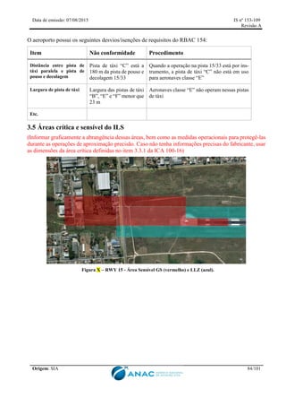 Data de emissão: 07/08/2015 IS nº 153-109
Revisão A
Origem: SIA 84/101
O aeroporto possui os seguintes desvios/isenções de requisitos do RBAC 154:
Item Não conformidade Procedimento
Distância entre pista de
táxi paralela e pista de
pouso e decolagem
Pista de táxi “C” está a
180 m da pista de pouso e
decolagem 15/33
Quando a operação na pista 15/33 está por ins-
trumento, a pista de táxi “C” não está em uso
para aeronaves classe “E”
Largura de pista de táxi Largura das pistas de táxi
“B”, “E” e “F” menor que
23 m
Aeronaves classe “E” não operam nessas pistas
de táxi
Etc.
3.5 Áreas crítica e sensível do ILS
(Informar graficamente a abrangência dessas áreas, bem como as medidas operacionais para protegê-las
durante as operações de aproximação precisão. Caso não tenha informações precisas do fabricante, usar
as dimensões da área crítica definidas no item 3.3.1 da ICA 100-16)
Figura X – RWY 15 - Área Sensível GS (vermelho) e LLZ (azul).
 