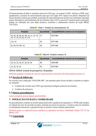 Data de emissão: 07/08/2015 IS nº 153-109
Revisão A
Origem: SIA 89/101
O Gerenciamento do Pátio é realizado através do COA que, via sistema TATIC, informa à TWR, ante-
cipadamente, a posição de estacionamento para que este órgão ATC repasse aos pilotos. Dispomos de
fiscais de pátios e pistas que atendem as posições de estacionamento de acordo com a demanda, operando
pontes telescópicas e procedimentos de marshalling. Para o COA, é possível visualizar quais as posições
podem ser utilizadas por uma dada aeronave, conforme o afastamento mínimo da seção RBAC
154.225(e).
Tabela X – Pátio 1 - Posições de estacionamento: 24
Posições Quantidade Compatibilidade máxima de envergadura
02, 03, 04, 06, 07, 08, 10, 11, 13, 14,
15, 17, 18, 19, 20, 21 e 22
17 B737-900
12 e 14 02 B777-200
01, 05, 07, 09 e 16 05 B747-400
Tabela Y - Pátio 01 - Posições remotas: 12
Posições Quantidade Compatibilidade máxima de envergadura
23, 24, 25, 26, 27, 28, 29, 30 08 A350-900
31, 32, 33, 34 04 B737-900
TOTAL GERAL (aviação de passageiros): 36 posições.
(Informar qualquer restrição em caso de estacionamento consecutivo de determinadas aeronaves.)
6.2 Serviço de follow-me
Os veículos com a indicação “FOLLOW-ME”, são operados pelos fiscais de pátio e atendem às seguin-
tes situações:
 Comboio de veículos sem ATIV que necessitem trafegar na área de movimento;
 Comboio de aeronaves.
6.3 Outros procedimentos
(caso o aeroporto possua alguma peculiaridade)
7. OPERAÇÃO EM BAIXA VISIBILIDADE
Os procedimentos contidos no acordo operacional entre a gerência de operações e a TWR estão focados
na redução do risco de incursão em pista, restrição do acesso de pessoas e veículos à área de manobras
ao estritamente necessário e garantia de que os auxílios visuais estejam operacionais.
Informar quem é o responsável por coordenar as operações em baixa visibilidade (Seção 153.131 do
RBAC 153)
7.1 Capacidade
 