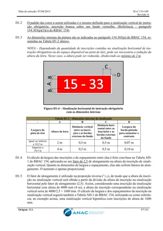Data de emissão: 07/08/2015 IS nº 153-109
Revisão A
Origem: SIA 97/101
D1.2 O padrão das cores a serem utilizadas é o mesmo definido para a sinalização vertical de instru-
ção obrigatória: inscrição branca sobre um fundo vermelho. (Referência - parágrafo
154.303(p)(3)(i) do RBAC 154)
D1.3 As dimensões internas da pintura são as indicadas no parágrafo 154.303(p) do RBAC 154, re-
sumidas na Tabela D1-2 abaixo.
NOTA – Dependendo da quantidade de inscrições contidas na sinalização horizontal de ins-
trução obrigatória ou do espaço disponível na pista de táxi, pode ser necessária a redução da
altura da letra. Nesse caso, a altura pode ser reduzida, obedecendo ao mínimo de 2 m.
Figura D1-4 – Sinalização horizontal de instrução obrigatória
com as dimensões internas
Tabela D1-2 – Dimensões internas da sinalização
- A B C D
Largura da
pista de táxi
Altura da letra
Distância vertical
entre as inscri-
ções e as bordas
externas do fundo
Distância hori-
zontal entre as
inscrições e as
bordas externas
do fundo
Largura da
borda pintada
para aumentar o
contraste
Igual ou inferior
a 10,5 m
2 m 0,5 m 0,5 m 0,07 m
Superior a
10,5 m
4 m 0,5 m 0,5 m 0,10 m
D1.4 O cálculo da largura das inscrições e do espaçamento entre elas é feito com base na Tabela AD-
1 do RBAC 154, aplicando-se um fator de 2,5 de alongamento na altura da inscrição de sinali-
zação vertical. Quanto às dimensões de largura e espaçamento, elas não sofrem fatores de alon-
gamento. O aumento é apenas proporcional.
D1.5 O fator de alongamento é utilizado na proporção inversa (1
/2,5), de modo que a altura da inscri-
ção na sinalização vertical será obtida a partir da divisão da altura da inscrição na sinalização
horizontal pelo fator de alongamento (2,5). Assim, considerando uma inscrição da sinalização
horizontal com altura de 4000 mm (4 m), a altura da inscrição correspondente na sinalização
vertical seria de 4000/2,5 = 1600 mm. O cálculo da largura e dos espaçamentos da inscrição na
sinalização vertical seguirá também a Tabela AD-1 do RBAC 154, utilizando-se como referên-
cia, no exemplo acima, uma sinalização vertical hipotética com inscrições de altura de 1600
mm.
 
