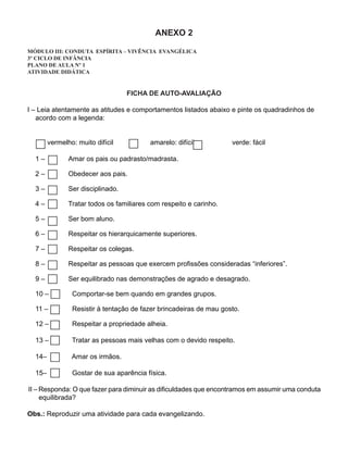 ANEXO 2

MÓDULO III: CONDUTA ESPÍRITA – VIVÊNCIA EVANGÉLICA
3º CICLO DE INFÂNCIA
PLANO DE AULA Nº 1
ATIVIDADE DIDÁTICA


                                   FICHA DE AUTO-AVALIAÇÃO

I – Leia atentamente as atitudes e comportamentos listados abaixo e pinte os quadradinhos de
   acordo com a legenda:


        vermelho: muito difícil           amarelo: difícil          verde: fácil

  1–           Amar os pais ou padrasto/madrasta.

  2–           Obedecer aos pais.

  3–           Ser disciplinado.

  4–           Tratar todos os familiares com respeito e carinho.

  5–           Ser bom aluno.

  6–           Respeitar os hierarquicamente superiores.

  7–           Respeitar os colegas.

  8–           Respeitar as pessoas que exercem profissões consideradas “inferiores”.

  9–           Ser equilibrado nas demonstrações de agrado e desagrado.

  10 –          Comportar-se bem quando em grandes grupos.

  11 –          Resistir à tentação de fazer brincadeiras de mau gosto.

  12 –          Respeitar a propriedade alheia.

  13 –          Tratar as pessoas mais velhas com o devido respeito.

  14–           Amar os irmãos.

  15–           Gostar de sua aparência física.

II – Responda: O que fazer para diminuir as dificuldades que encontramos em assumir uma conduta
     equilibrada?

Obs.: Reproduzir uma atividade para cada evangelizando.
 