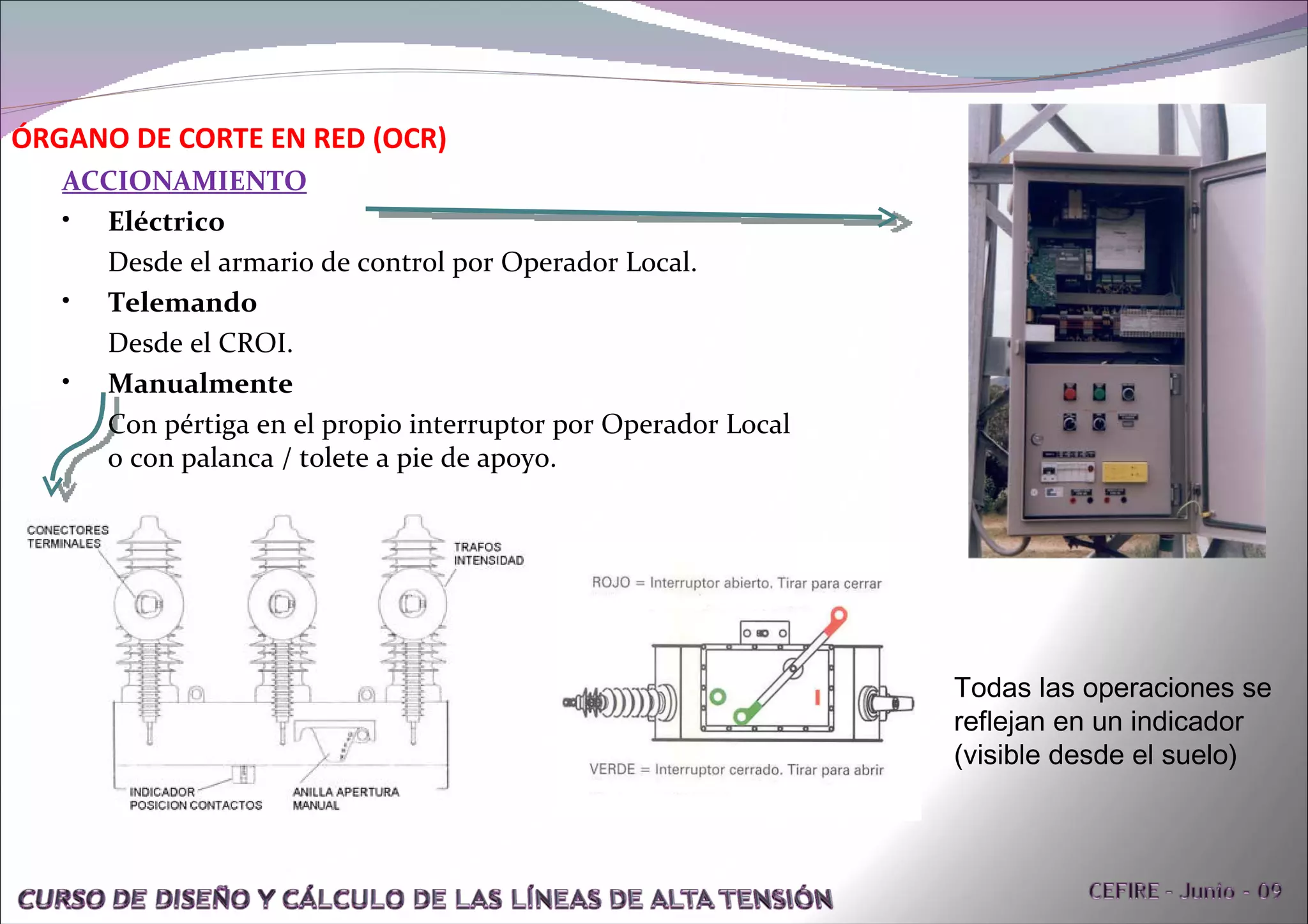 ÓRGANO DE CORTE EN RED (OCR) ACCIONAMIENTO Eléctrico Desde el armario de control por Operador Local. Telemando Desde el CROI. Manualmente Con pértiga en el propio interruptor por Operador Local o con palanca / tolete a pie de apoyo. Todas las operaciones se reflejan en un indicador (visible desde el suelo) 