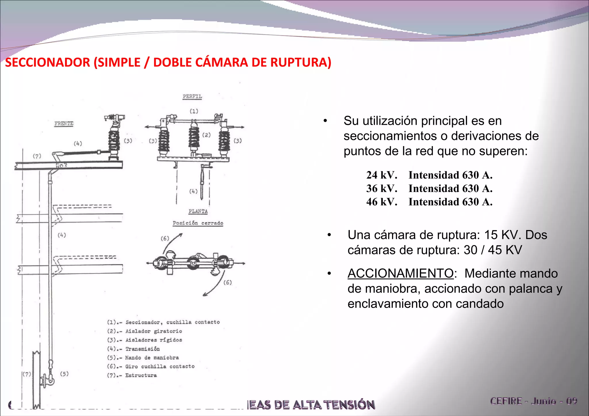 SECCIONADOR (SIMPLE / DOBLE CÁMARA DE RUPTURA) Su utilización principal es en seccionamientos o derivaciones de puntos de la red que no superen: 24 kV.  Intensidad 630 A. 36 kV.  Intensidad 630 A. 46 kV.  Intensidad 630 A. Una cámara de ruptura: 15 KV. Dos cámaras de ruptura: 30 / 45 KV  ACCIONAMIENTO :  Mediante mando de maniobra, accionado con palanca y enclavamiento con candado 